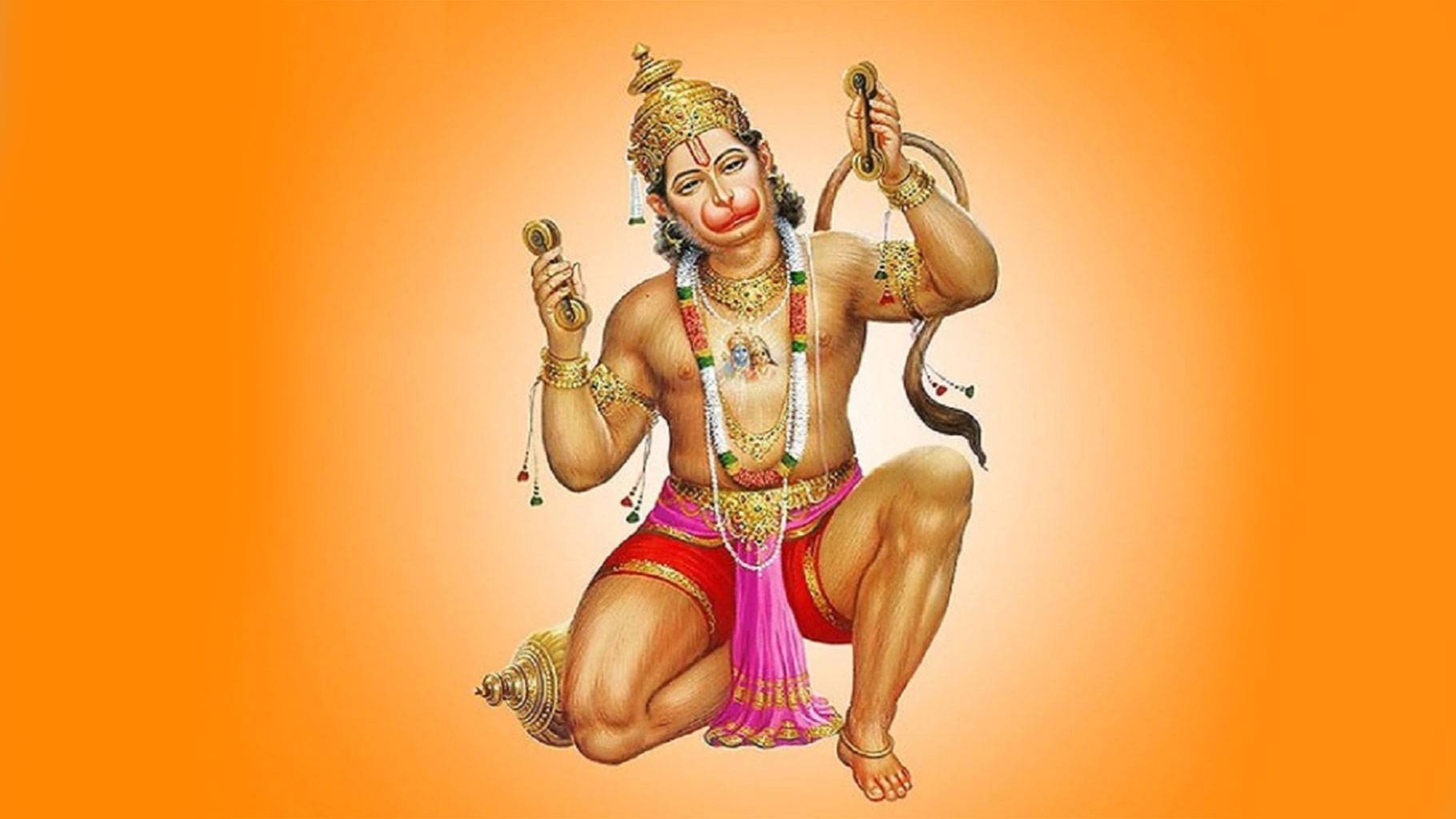 **Alt Text:** Illustration of Lord Hanuman sitting in a dynamic pose, adorned with golden ornaments, holding symbolic objects, with a bright orange background.